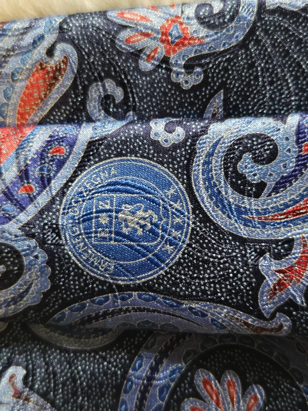 Ermenegildo Zegna Navy Paisley Tie with Blue and Red Accents
